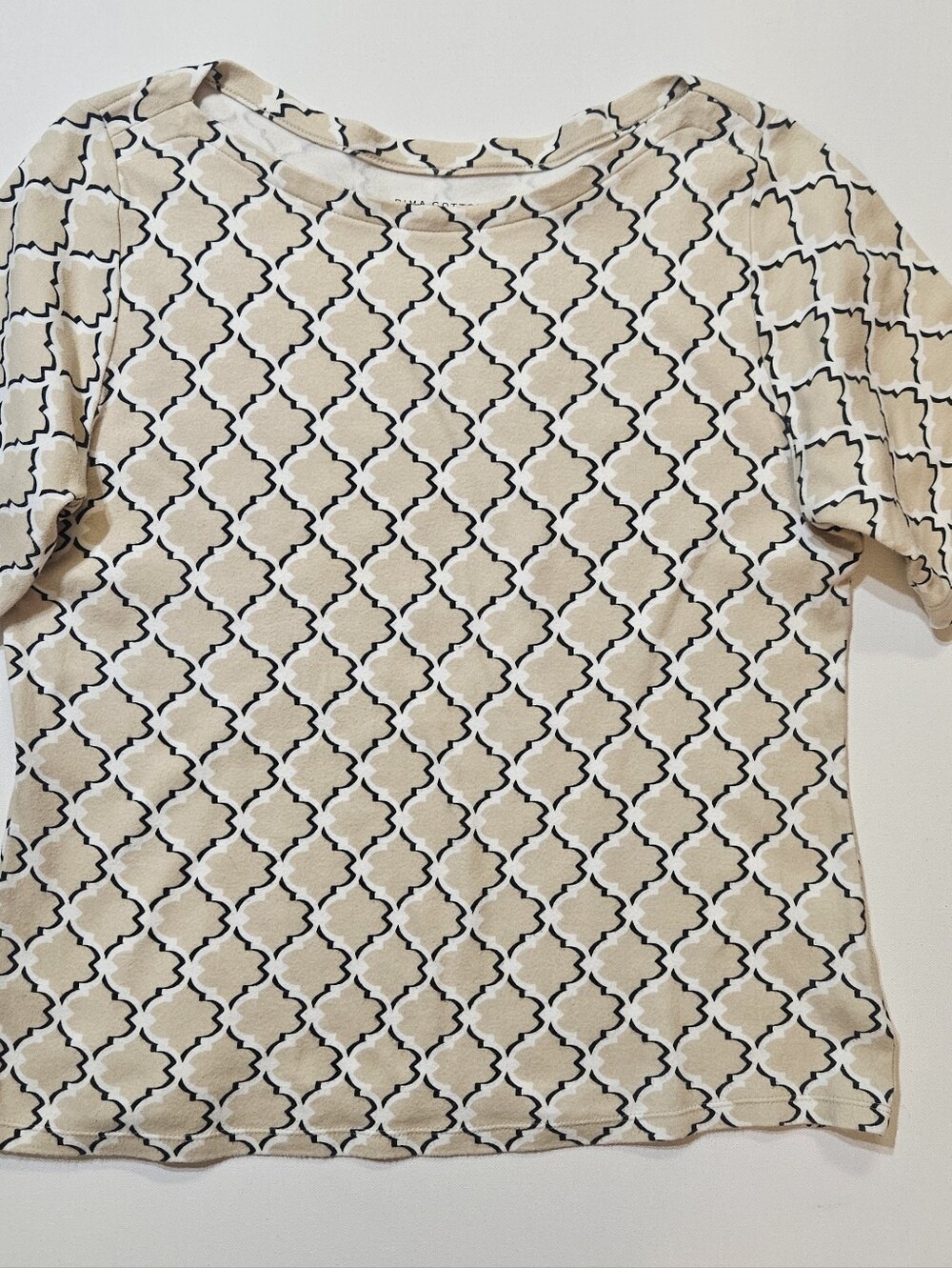 Charter Club Pima Cotton Top Womens Medium Tan Black Geometric Diamond Print